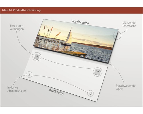 Glasbild mit glänzender Oberfläche, inklusive Abstandshalter zur Aufhängung