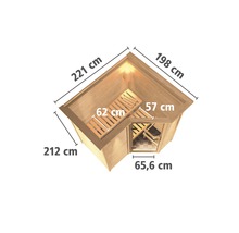 Elementsauna Karibu Melanit 1 inkl.9 kW Bio Ofen u.ext.Steuerung mit Dachkranz und Holztüre mit Isolierglas wärmegedämmt