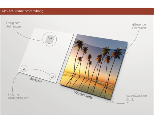 Glasbild mit Motiv, inklusive Aufhängung und Abstandshalter