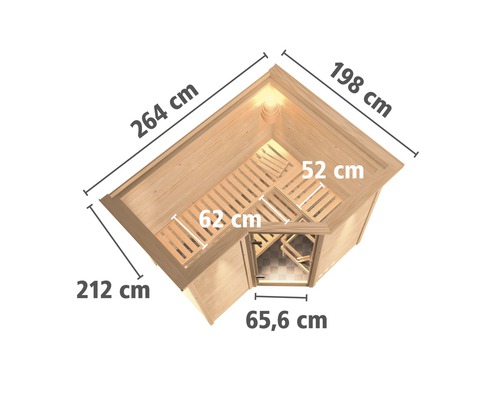 Abmessungen einer Ecksauna mit den Maßen 264 cm, 198 cm, 212 cm und 65,6 cm.