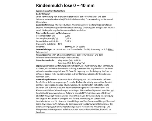 Informationen zu Rindenmulch lose 0 bis 40 Millimeter.