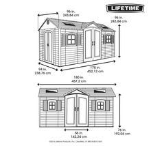 Technische Zeichnung eines Gartenhauses mit Maßangaben und Lifetime Logo.