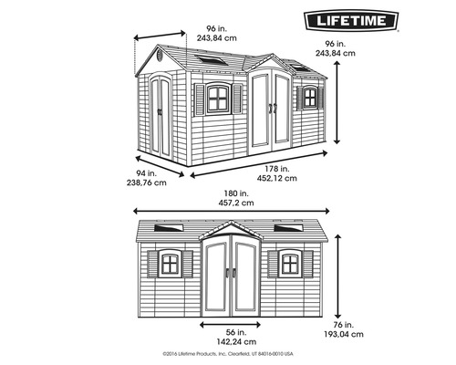 Technische Zeichnung eines Gartenhauses mit Maßangaben und Lifetime Logo.