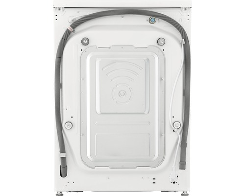 Rückansicht einer Waschmaschine mit Anschlüssen und Kabel