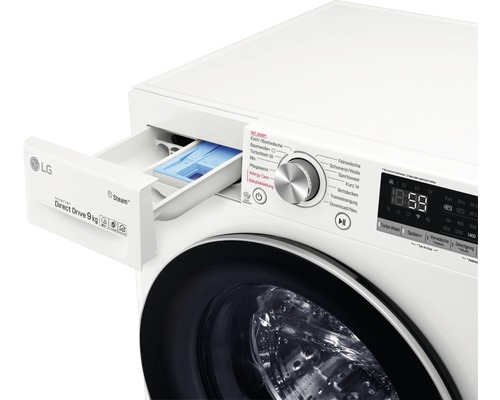 Waschmaschine mit geöffneter Waschmittelschublade und LG Logo