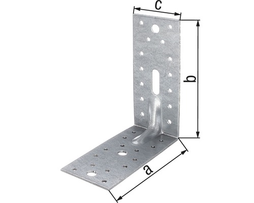 Winkelverbinder aus Metall mit Bohrungen und den Maßen a, b und c.