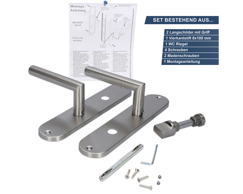 Türdrücker Set mit zwei Langschildern, Vierkantstift, WC Riegel, Schrauben und Montageanleitung