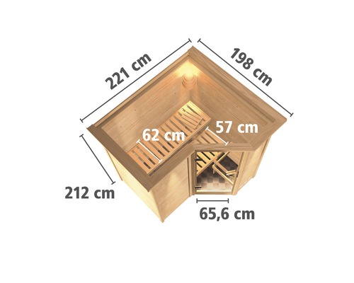 Draufsicht einer Ecksauna mit Größenangaben