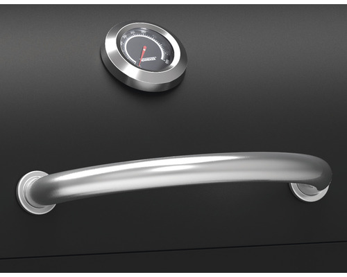 Detailansicht eines Holzkohlegrills mit Griff und Temperaturanzeige