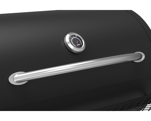 Detailansicht eines schwarzen Grills mit Thermometer und Griff