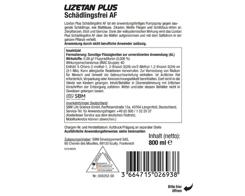 Etikett von Lizetan Plus Schädlingsfrei AF Pumpspray, 800 ml Inhalt