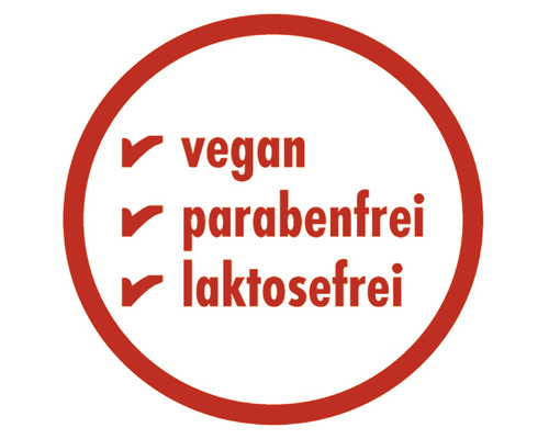 Siegel: Vegan, Parabenfrei, Laktosefrei