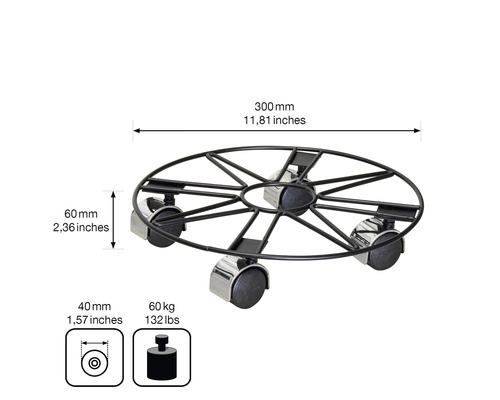 Pflanzenroller mit einem Durchmesser von 300 Millimeter und einer maximalen Traglast von 60 Kilogramm.