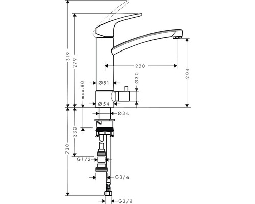 Technische Zeichnung einer Küchenarmatur mit Maßangaben