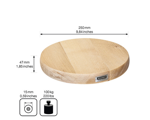 Runde Holzscheibe mit Maßangaben