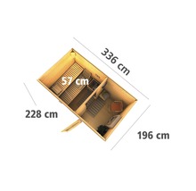 Draufsicht einer Holzsauna mit den Maßen 336 cm mal 228 cm mal 196 cm