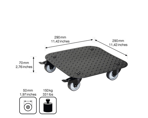 Rollbrett mit den Maßen 290 mm x 290 mm und einer maximalen Traglast von 150 kg