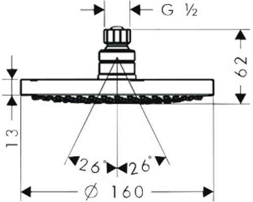 Technische Zeichnung eines Duschkopfes mit Maßangaben.