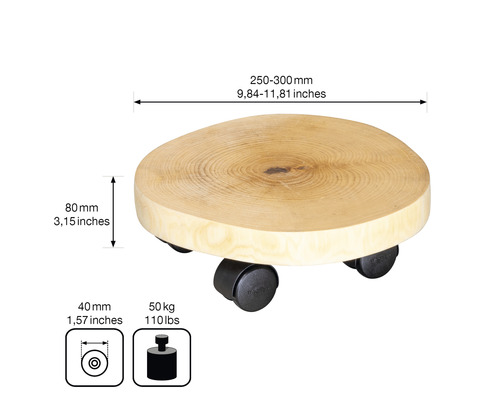 Rolluntersetzer aus Holz mit den Maßen 250 bis 300 Millimeter