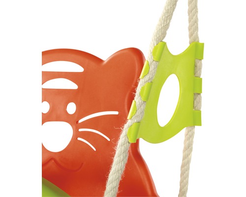Detailansicht einer Kinderschaukel mit Katzendesign und Seilaufhängung