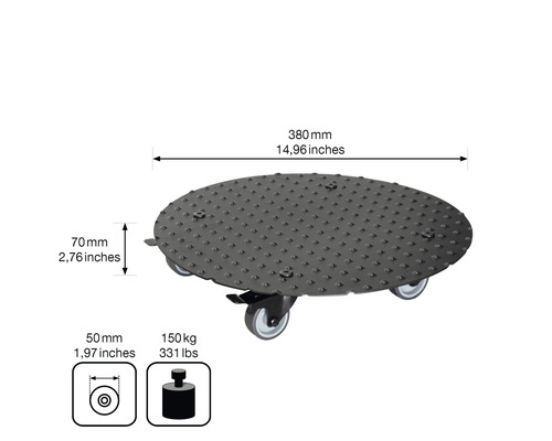 Rollbrett mit einem Durchmesser von 380 Millimetern und einer maximalen Belastbarkeit von 150 Kilogramm.