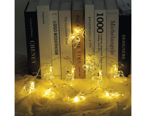 Lichterkette mit Rentierfiguren vor Bücherreihe