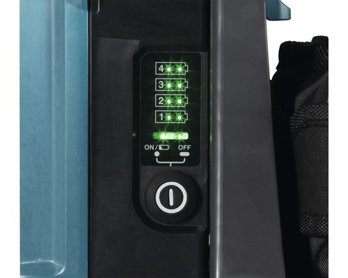 Akkuladestandsanzeige mit vier Stufen und Einschalttaste