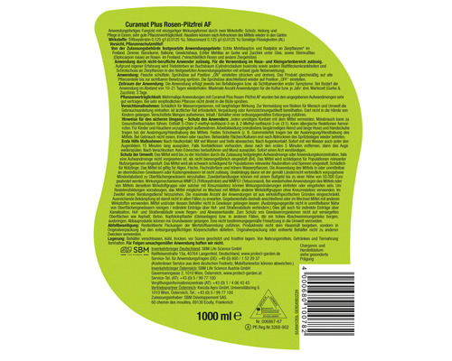 Etikett der Curamat Plus Rosen-Pilzfrei AF Flasche mit Produktinformationen und Herstellerangaben, 1000 ml Nennvolumen