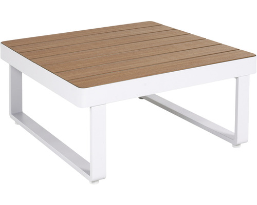 Quadratischer Beistelltisch mit Holzstrukturplatte und weißem Metallgestell