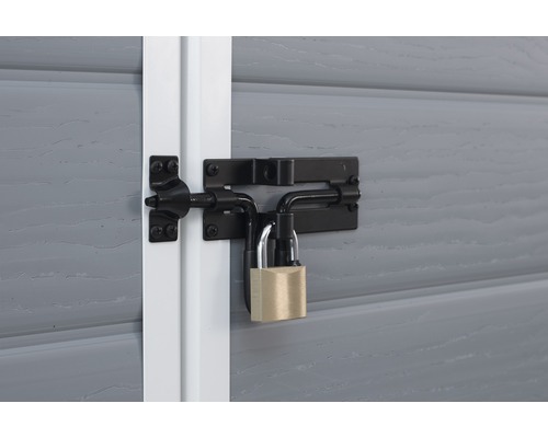 Schlossriegel mit Vorhängeschloss an einer grauen Tür