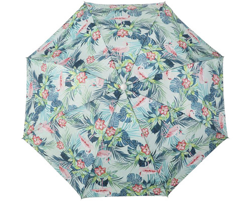 Geöffneter Regenschirm mit Blumen- und Flamingomuster