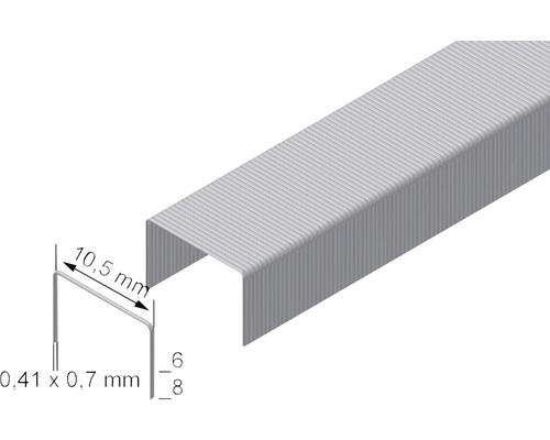 Metallheftklammern mit den Maßen 0,41 x 0,7 Millimeter, 10,5 Millimeter und 6 zu 8 Millimeter