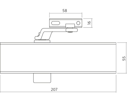 Technische Zeichnung eines Türschließers mit Maßangaben