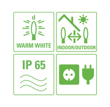 Symbole für warmweißes Licht, Innen- und Außenbereich, Schutzart IP 65 und Netzstecker
