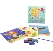 Meerjungfrauen-Glitzerbild-Set mit vier verschiedenen Motiven, Glitzerpailletten und Stift zum Aufbringen der Pailletten