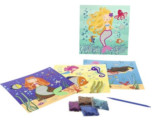 Meerjungfrauen-Glitzerbild-Set mit vier verschiedenen Motiven, Glitzerpailletten und Stift zum Aufbringen der Pailletten