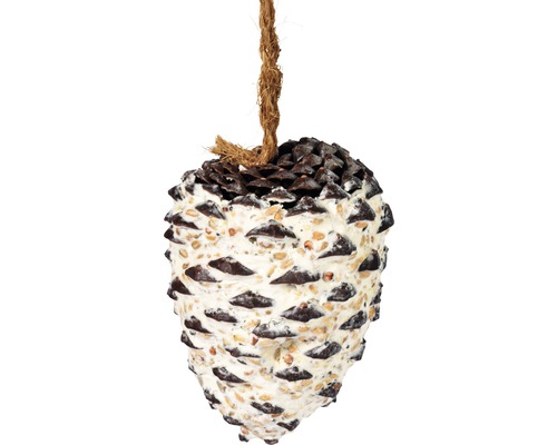 Vogelhaus in Zapfenform mit Seilaufhängung