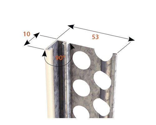 Detailaufnahme eines Putzprofils mit Lochung und den Maßen 10 und 53 Millimeter im 90 Grad Winkel.
