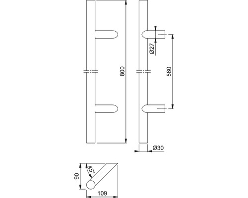 Technische Zeichnung eines Stangengriffs mit Maßangaben