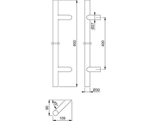 Technische Zeichnung eines Türgriffs mit Maßangaben