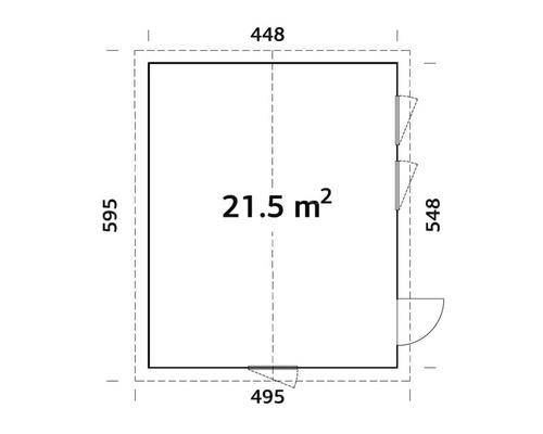 Grundrisszeichnung eines Gartenhauses mit Maßangaben und einer Fläche von 21,5 Quadratmetern.