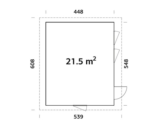 Grundriss eines Gartenhauses mit den Maßen 448 x 539 x 608 x 548 Zentimeter und einer Fläche von 21,5 Quadratmetern