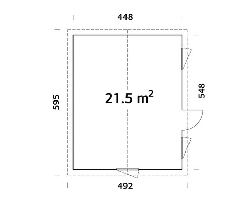 Grundriss mit den Maßen 448, 595, 492 und 548, Fläche 21,5 Quadratmeter