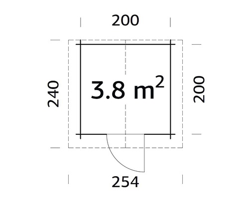 Grundrisszeichnung mit den Maßen 200, 240 und 254 sowie der Angabe 3,8 Quadratmeter