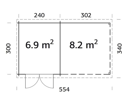 Grundrisszeichnung eines Gartenhauses mit den Maßen 300 mal 554 Zentimeter und einer Fläche von 6,9 Quadratmetern und 8,2 Quadratmetern