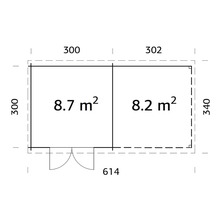 Grundrisszeichnung eines Gartenhauses mit Flächenangaben in Quadratmetern und Maßangaben in Zentimetern