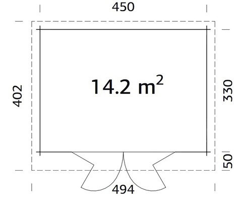Grundrisszeichnung mit Flächenangabe 14.2 Quadratmeter und Maßangaben in Millimeter