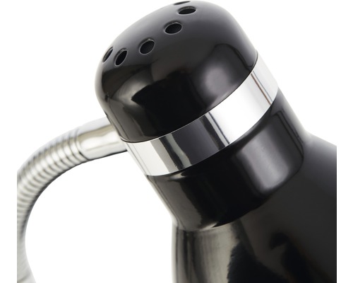 Detailaufnahme einer schwarzen Schreibtischlampe mit flexiblem Arm.
