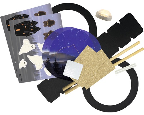 Bastelset für Halloween-Laterne mit Motiven aus Papier, Pappe, Holz und elektronischer Beleuchtung