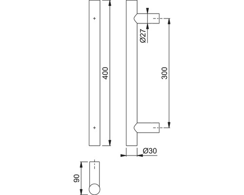 Technische Zeichnung eines Stangengriffs mit Maßangaben.